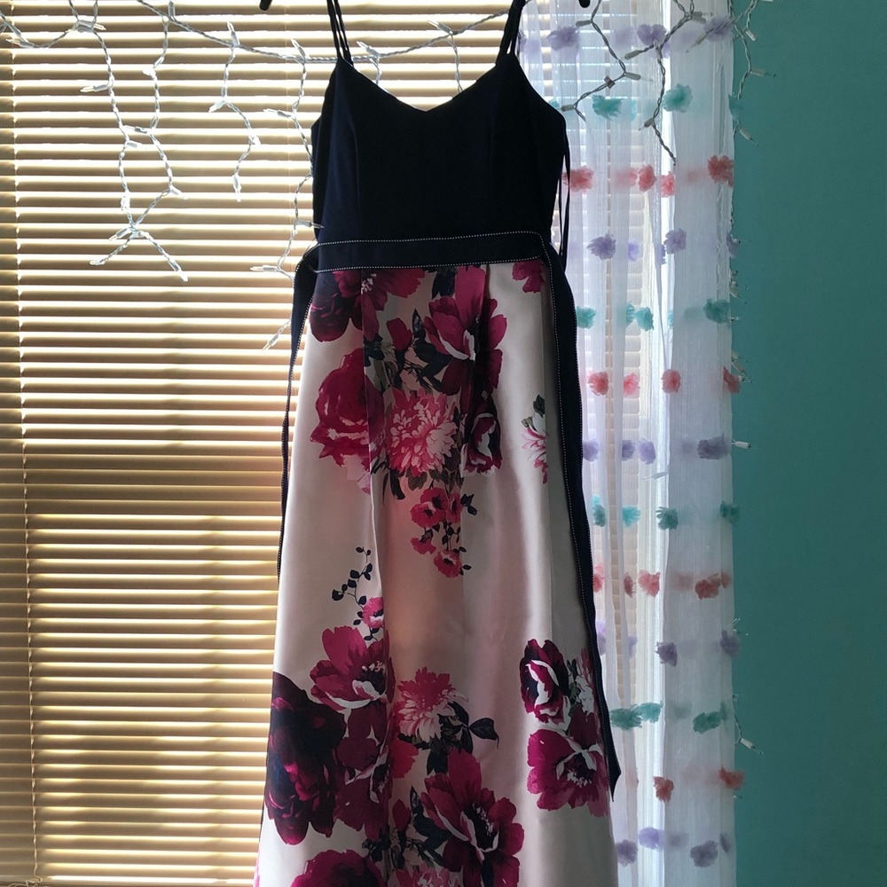 FLORAL LONG PROM DRESS WITH NAVY TOP AND BELT